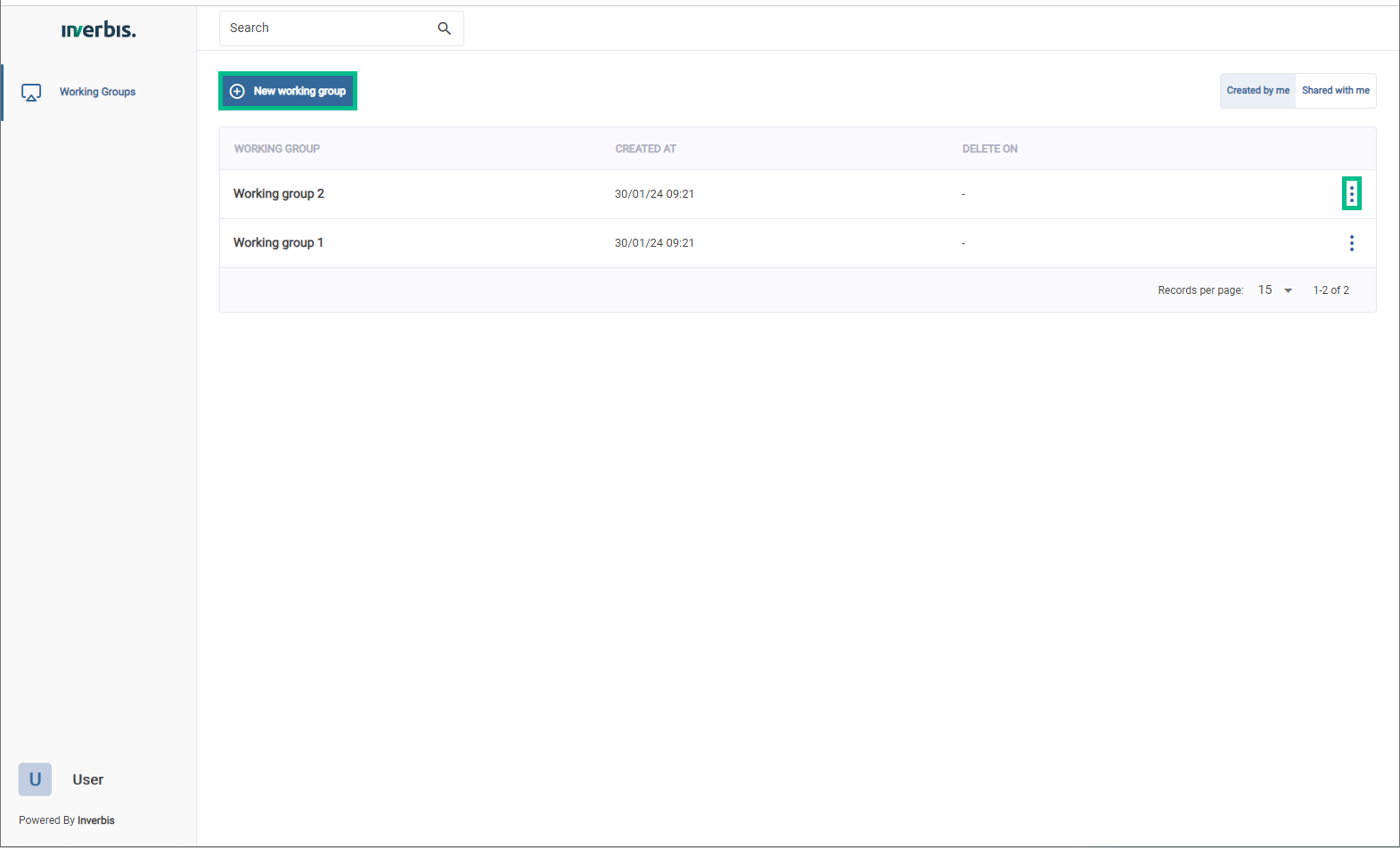 View of the created âWork Groupsâ.