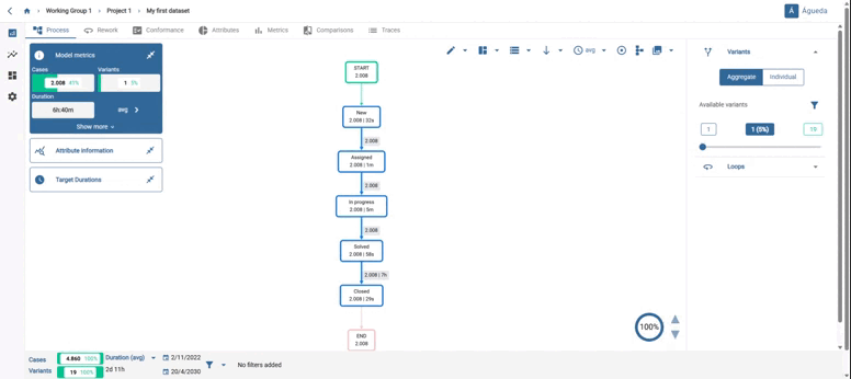 Filtering arcs and activities by frequency.